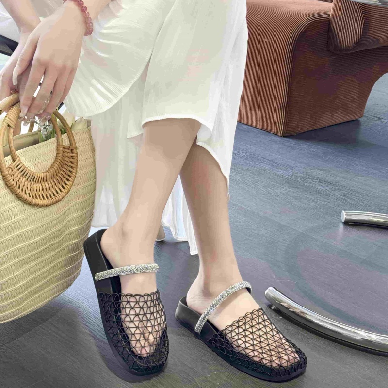 2025 New Summer Fishnet Hollow Rhinestone Closed-Toe Half Slippers Beach Sandals