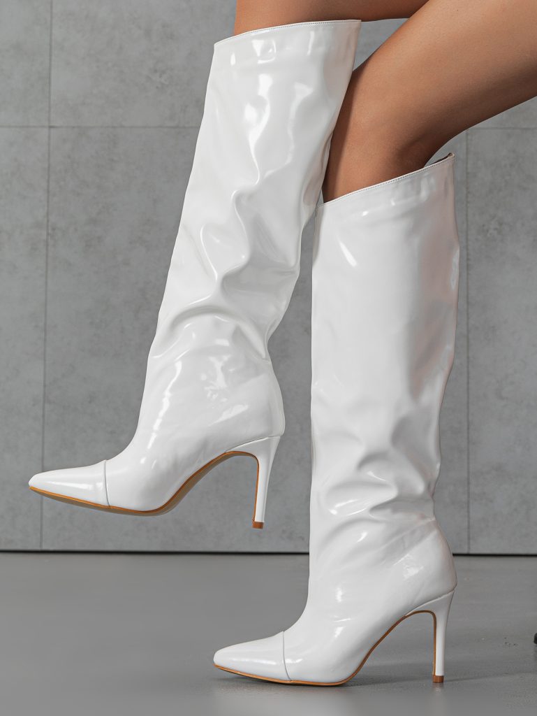 European American Minimalist Pointed Toe Slip-On Stiletto Patent Leather Slim Leg Outdoor Fashion Boots for Women 35-42