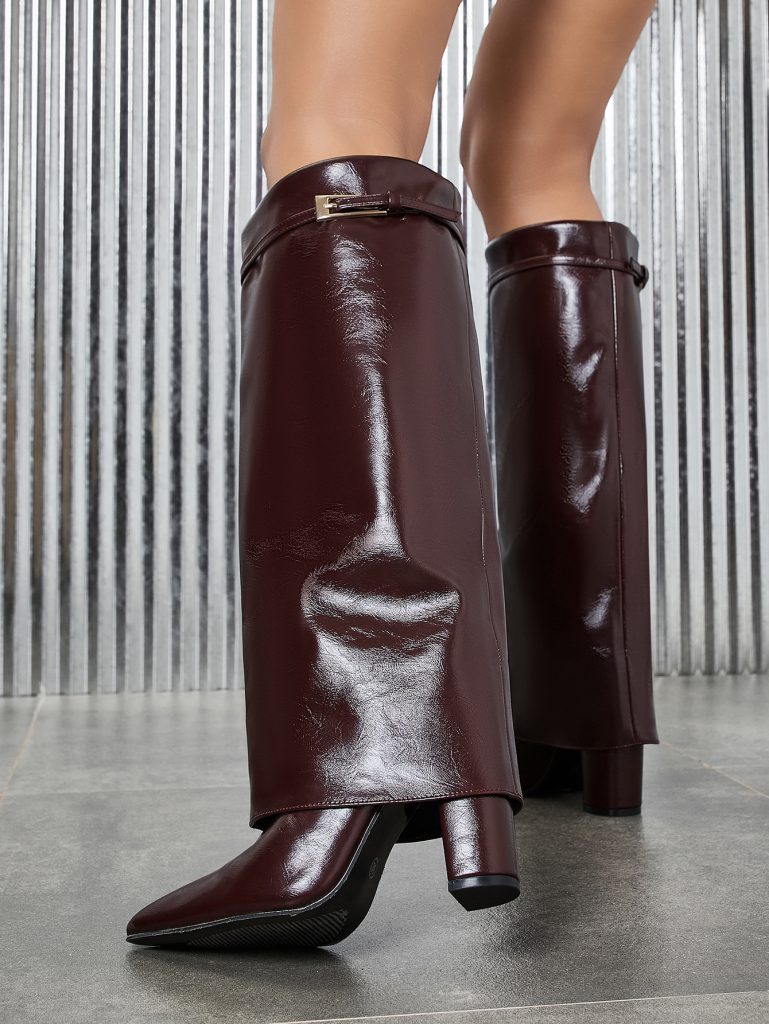 Women's Pointed Toe Metal Buckle Mid Calf Boots Wide Calf Chunky Heel Plus Size Fashion Boots